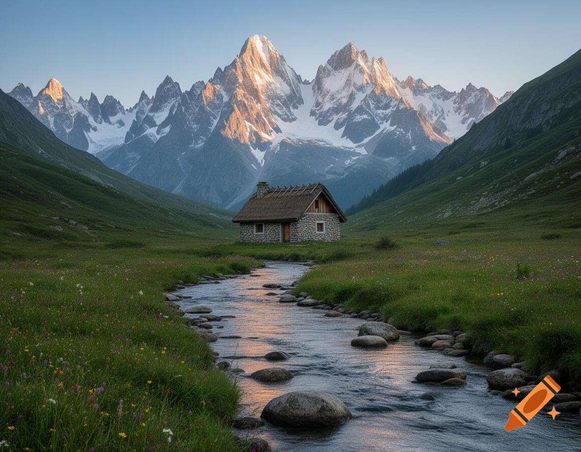 A stone cabin with a thatched roof sits by a winding river in a green mountain valley with snow-capped peaks in the background.