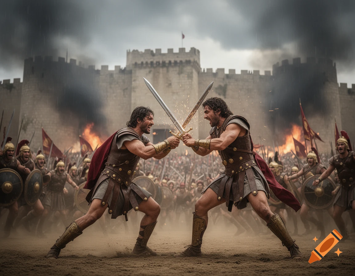 Two powerful warriors clash swords amidst a chaotic battle in front of a burning castle, surrounded by an army of soldiers.