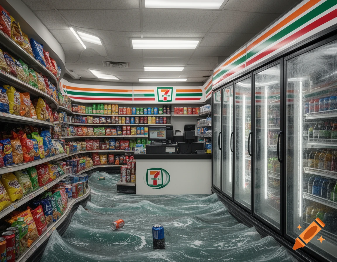 Inside a 7-Eleven convenience store with shelves of snacks and drinks, but the floor is covered by dark green, wavy water.