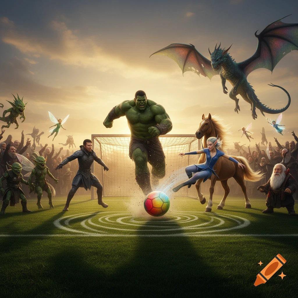 Fantasy creatures including Hulk, an elf on horseback, goblins, and a dragon play football on a field with a sunset backdrop.
