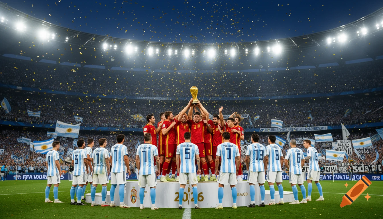 Spanish football team players in red jerseys celebrating with the World Cup trophy on a podium, surrounded by confetti and a stadium full of Argentinian supporters waving flags.