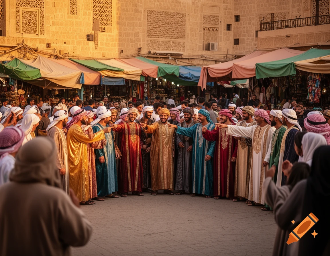 A vibrant marketplace scene with many men in colorful traditional Middle Eastern attire, some smiling and pointing towards the center.