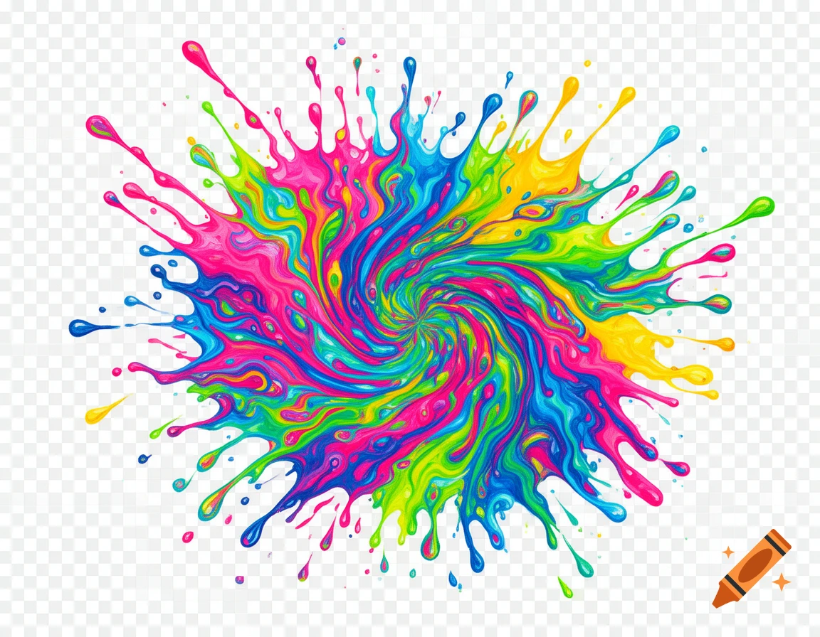 A vibrant, colorful splash of paint forming a swirling, psychedelic pattern on a transparent background.