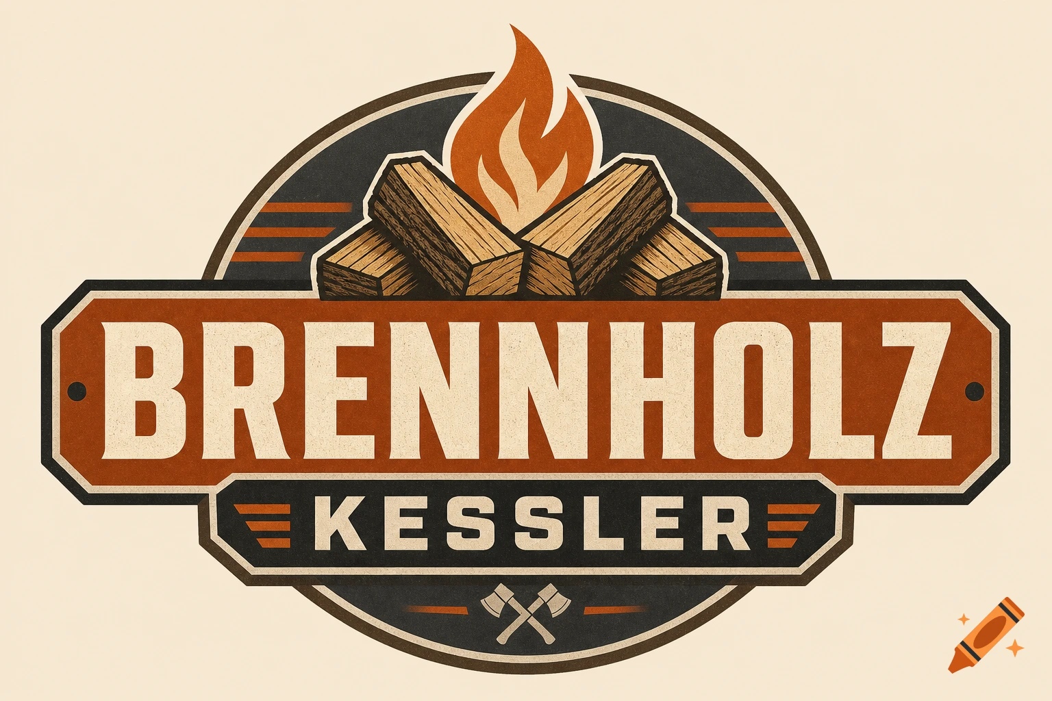 Vintage style logo for 'Brennholz Kessler' featuring stacked logs and a flame above, with crossed axes below.