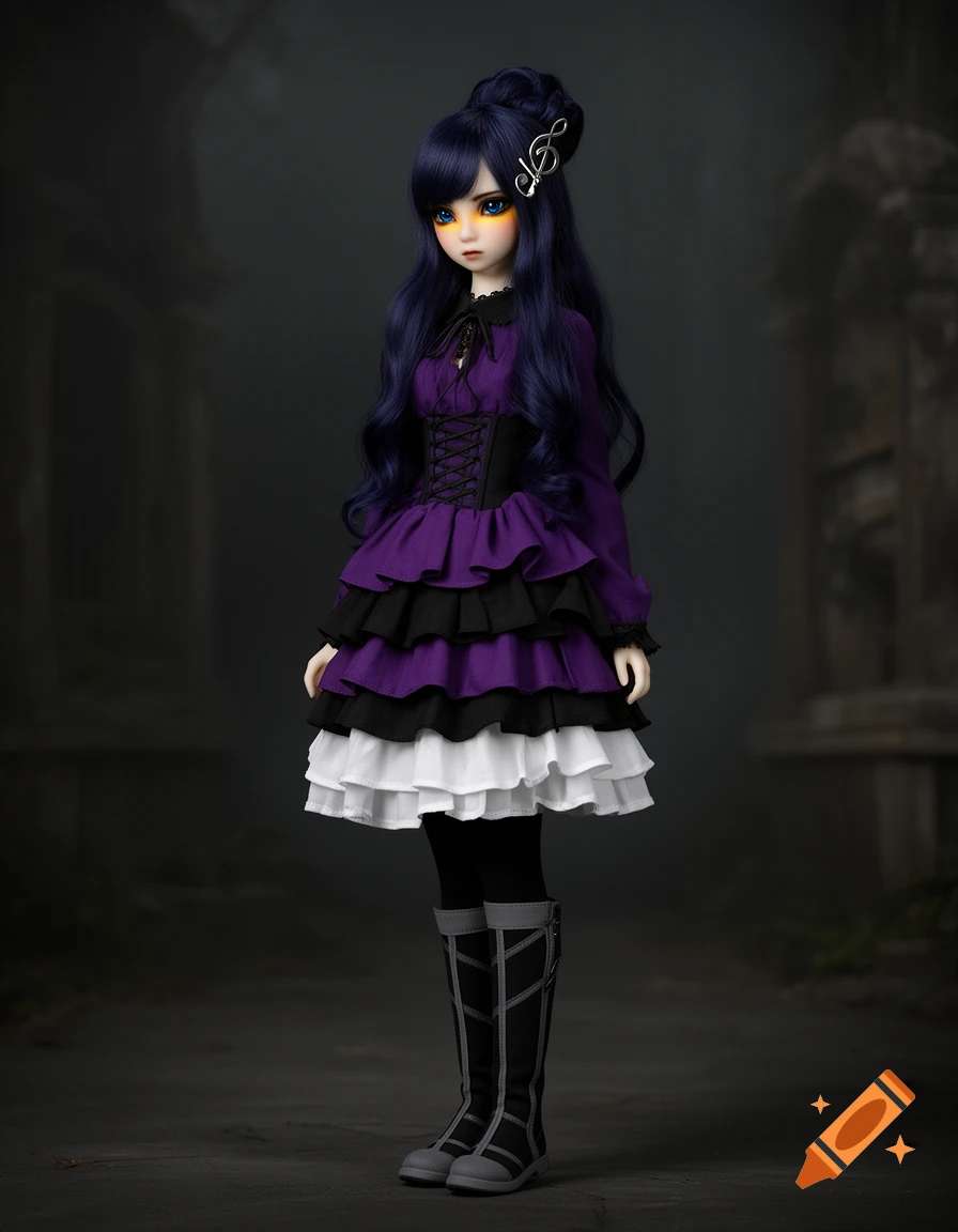 A humanoid doll with indigo hair, glowing yellow eyes, and a purple and black gothic dress stands in a dimly lit setting.