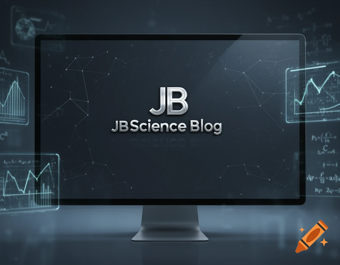 A computer monitor displays 'JB JBScience Blog' with scientific graphs and data in the background.