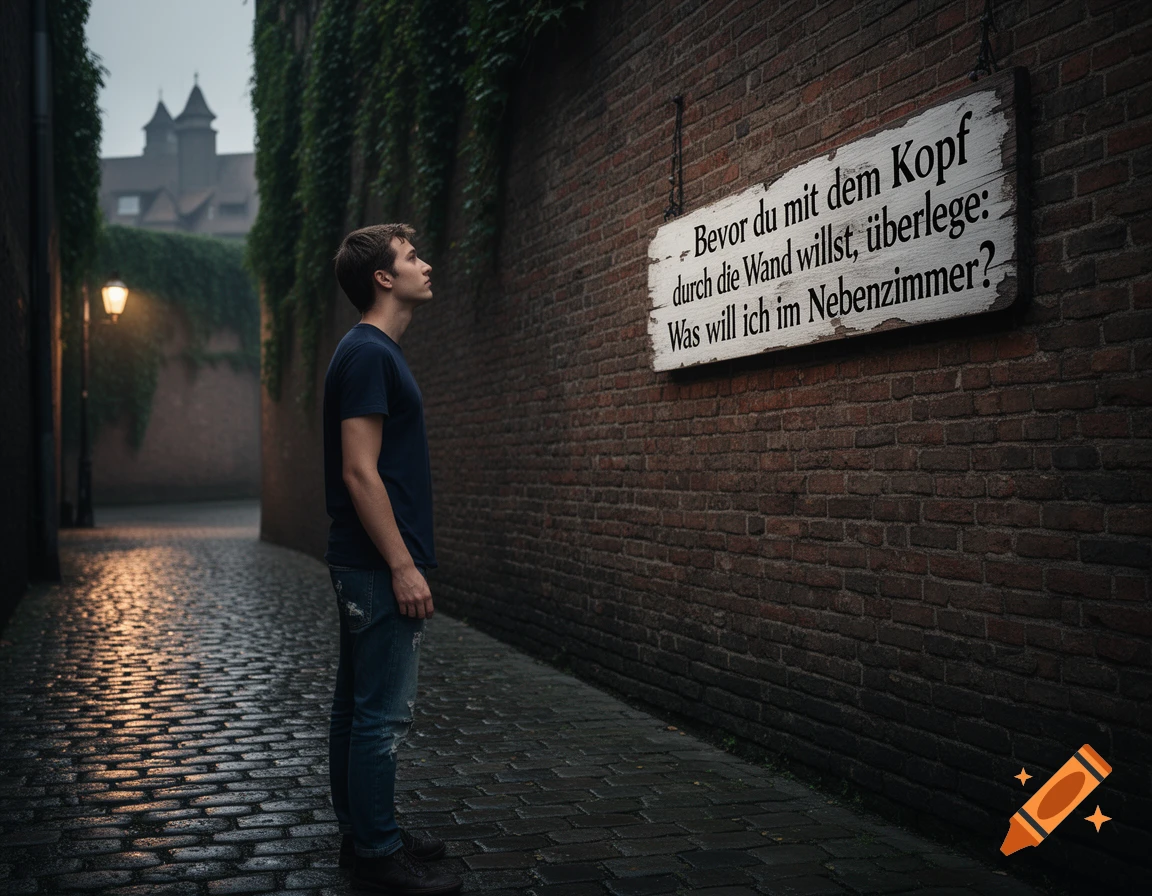A man looks up at a German sign in a damp, narrow brick alleyway with a glowing streetlamp, photorealistic.