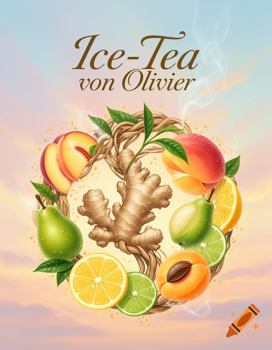 Illustration of a fruit and ginger wreath for "Ice-Tea von Olivier" with peaches, pears, apricots, lemons, limes, and tea leaves.