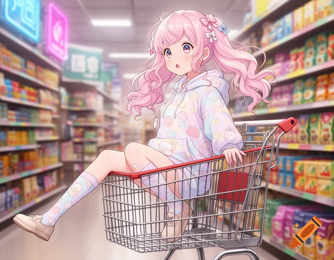 An anime girl with pink pigtails, wearing a pastel hoodie and socks, sits in a shopping cart in a grocery store aisle.