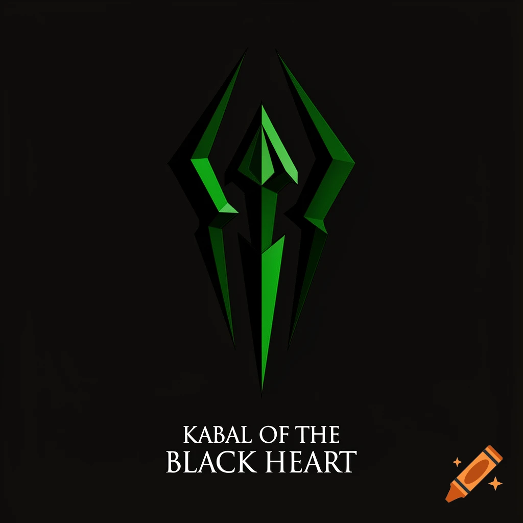 A stylized green angular symbol with a reflection on a black background, above the text 'KABAL OF THE BLACK HEART'.