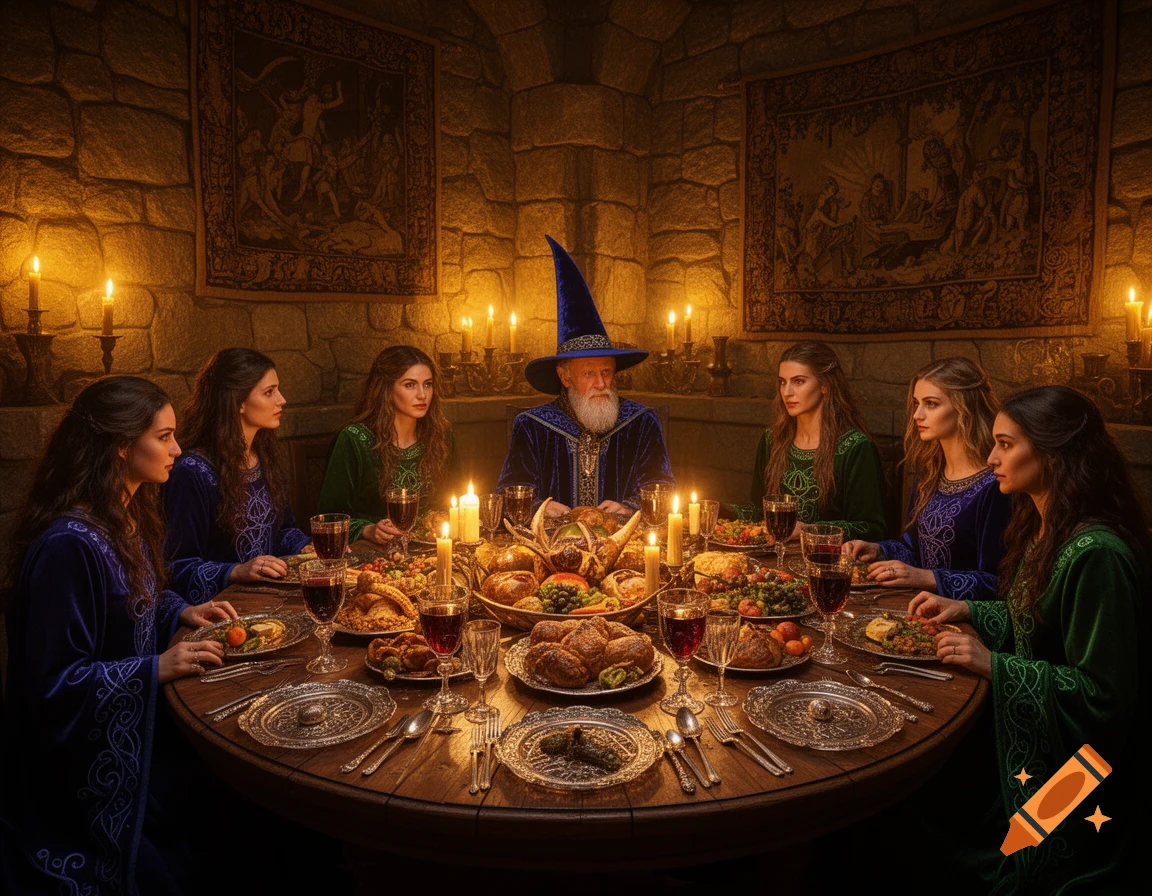 A wizard and six women in medieval attire feast at a candlelit table laden with food in a stone chamber with tapestries.