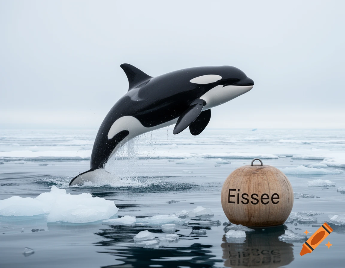 A photorealistic orca breaches in icy waters next to a wooden buoy with "Eissee" written on it.