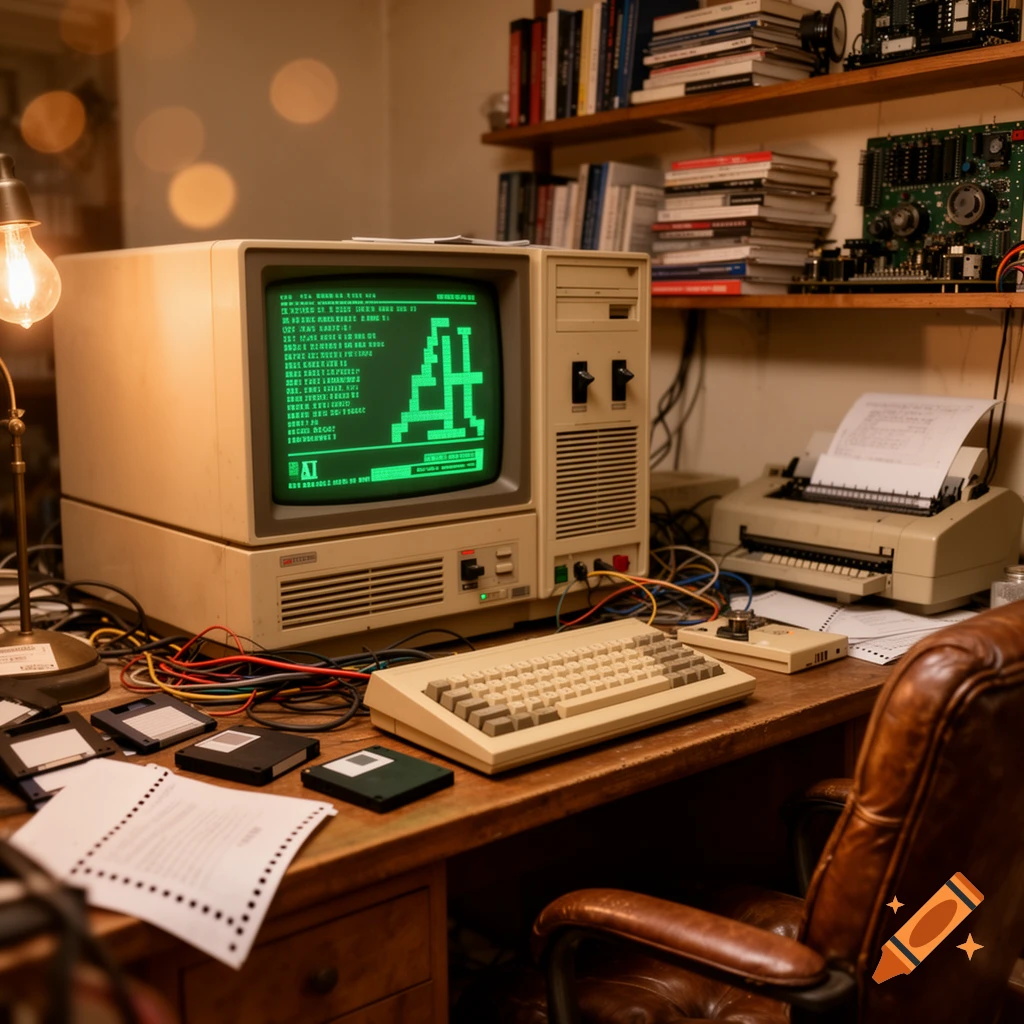 A cluttered vintage desk with an old beige computer, green screen displaying pixel art, keyboard, floppy disks, and a dot-matrix printer.