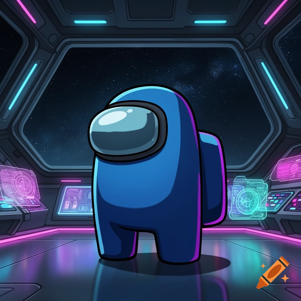 A blue Among Us character stands in a futuristic spaceship cockpit looking out at stars, rendered in a colorful cartoon style.