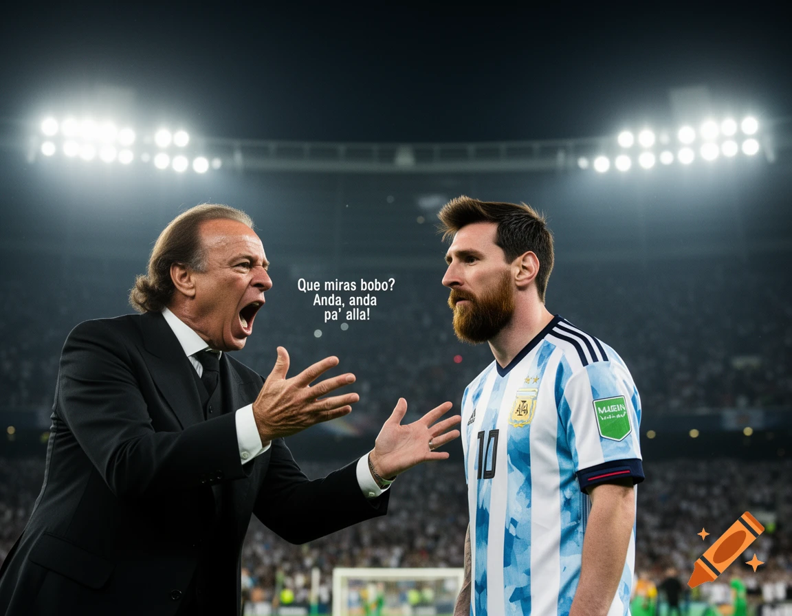 Photorealistic image of a man resembling Julio Iglesias shouting with open hands at Lionel Messi, who wears an Argentina football jersey, in a brightly lit stadium at night. Text above reads "Que miras bobo? Anda, anda pa' alla!"