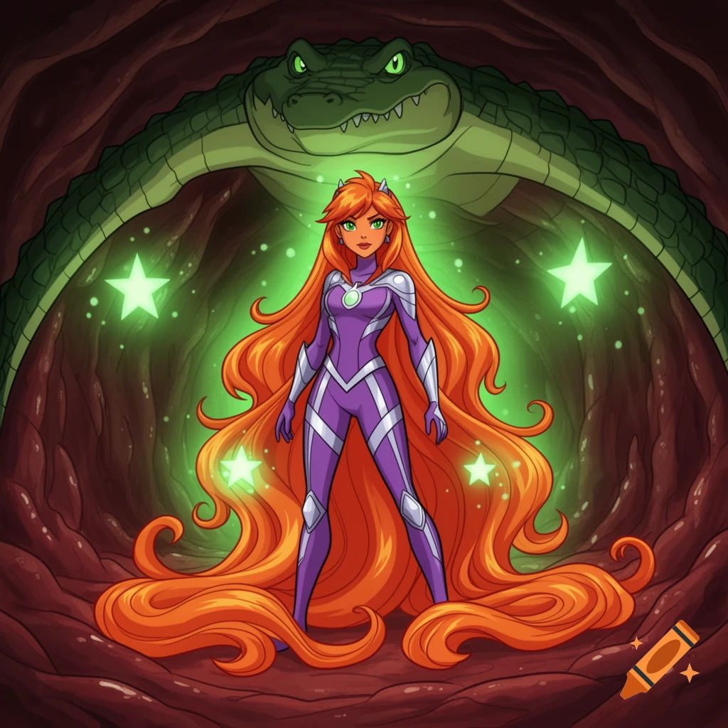 A cartoon superhero with long orange hair and a purple suit stands inside a crocodile's stomach, surrounded by green glowing stars.