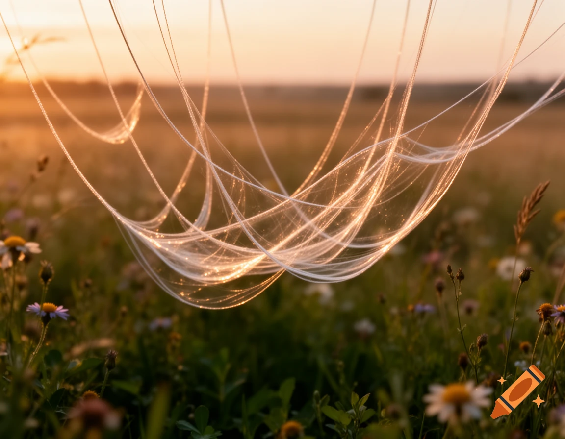 Close-up of sparkling spiderwebs draped across a field of wildflowers at sunset.