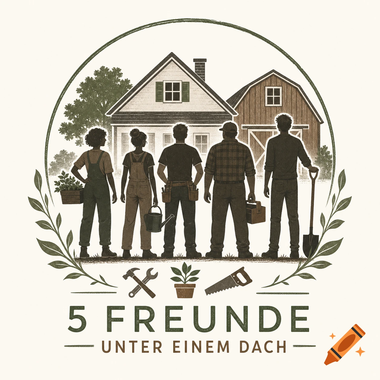 Logo showing five stylized people (two women, three men) in front of a house and barn, with tools and plants.