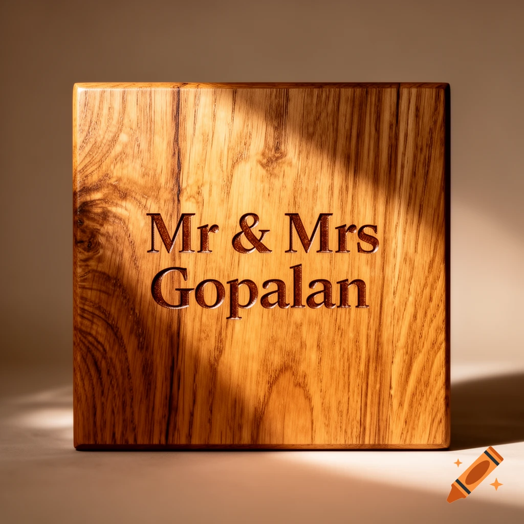 A photorealistic close-up of a square wooden block with "Mr & Mrs Gopalan" carved into it.