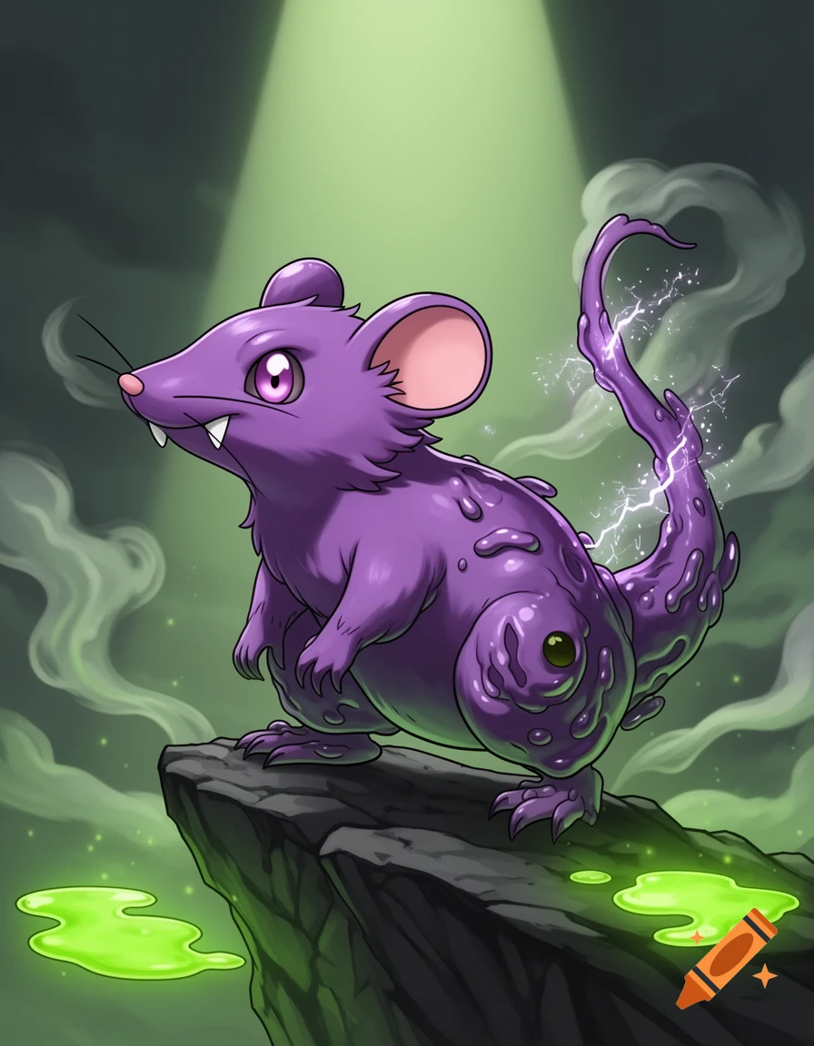 A purple, slimy, rat-like creature with glowing eyes and lightning on its tail stands on a dark rock with green goo.