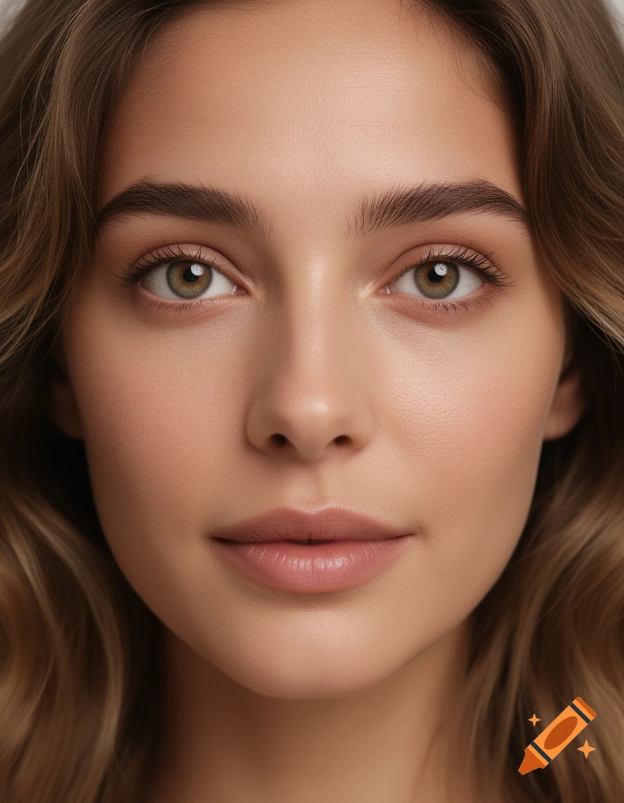 Close-up photorealistic portrait of a young woman with light brown hair and green eyes, looking directly at the viewer.