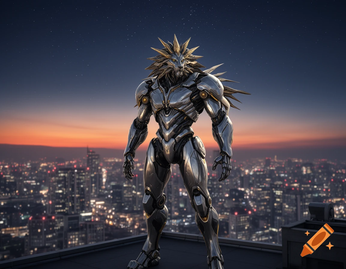 A powerful, metallic lion-headed robot stands on a skyscraper rooftop overlooking a glowing city skyline at twilight.