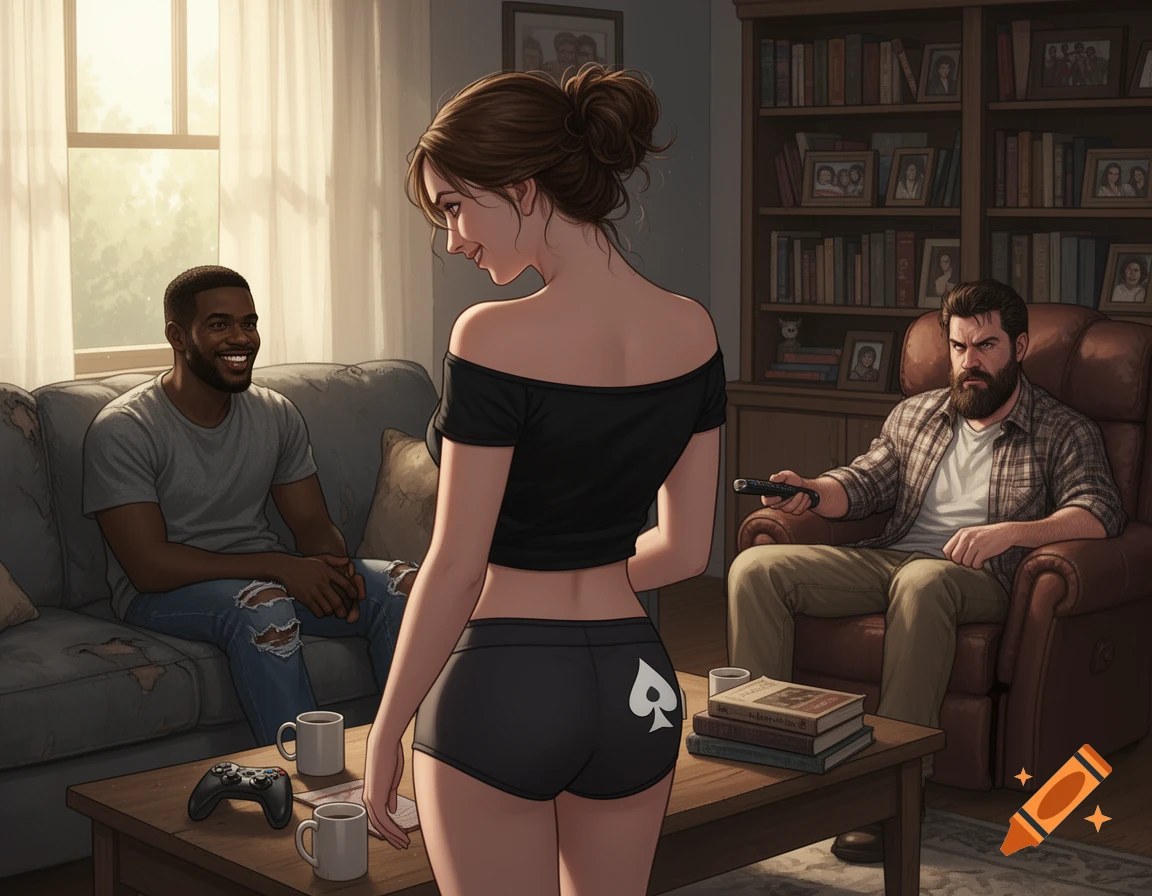 Detailed realistic illustration of a woman in a living room, standing in front of a smiling man on a couch, while another man glares from an armchair.