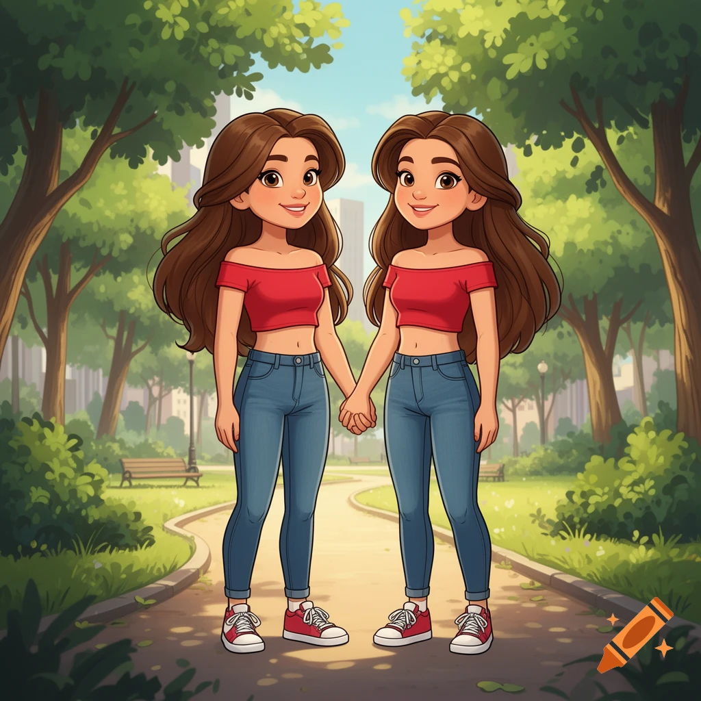 Two cartoon twin girls with long brown hair, wearing red crop tops and jeans, holding hands in a park.