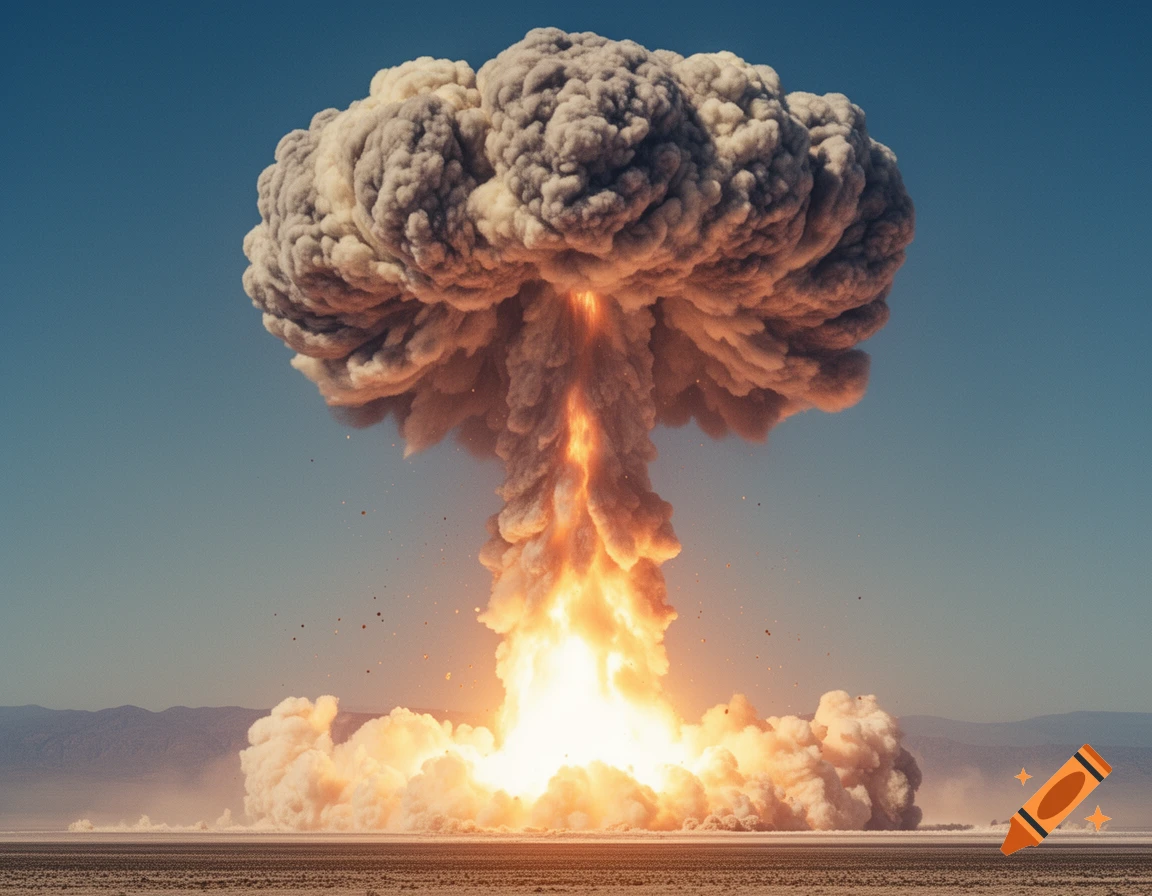 A massive mushroom cloud from a nuclear bomb detonation rises into a clear blue sky over a desert landscape.