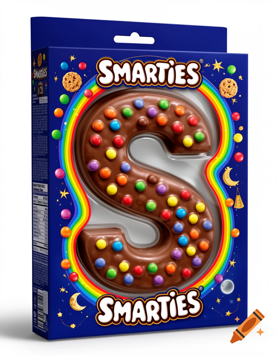 A photorealistic Smarties Sinterklaas chocolate letter 'S' in vibrant blue packaging, decorated with a rainbow and colorful candies.
