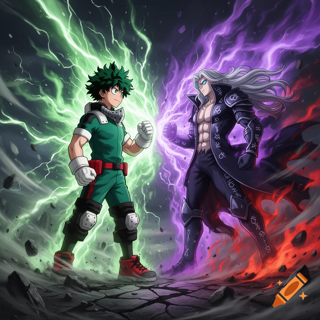 An anime-style image of Izuku Midoriya with green lightning facing Dark Schneider with purple energy and red fire, both ready for battle.