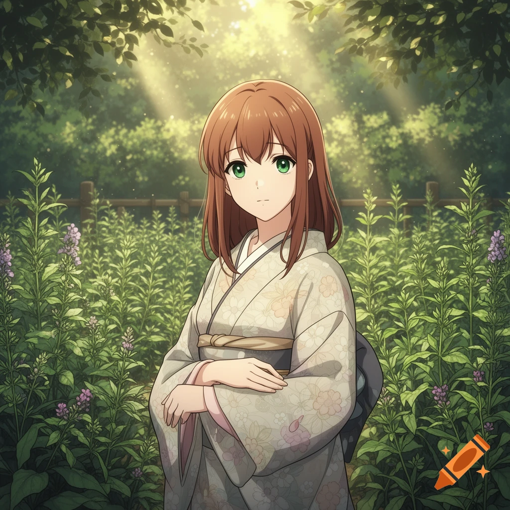 Anime woman with brown hair and green eyes in a kimono, standing in a sun-dappled garden.