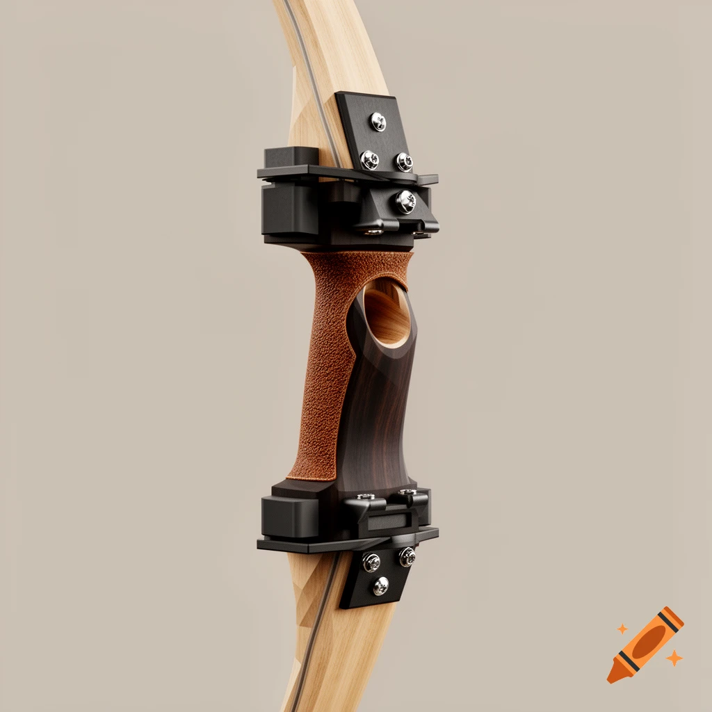 A close-up, front/side view of a modern recurve bow with light wood limbs, a dark brown/black riser, and a textured leather grip.