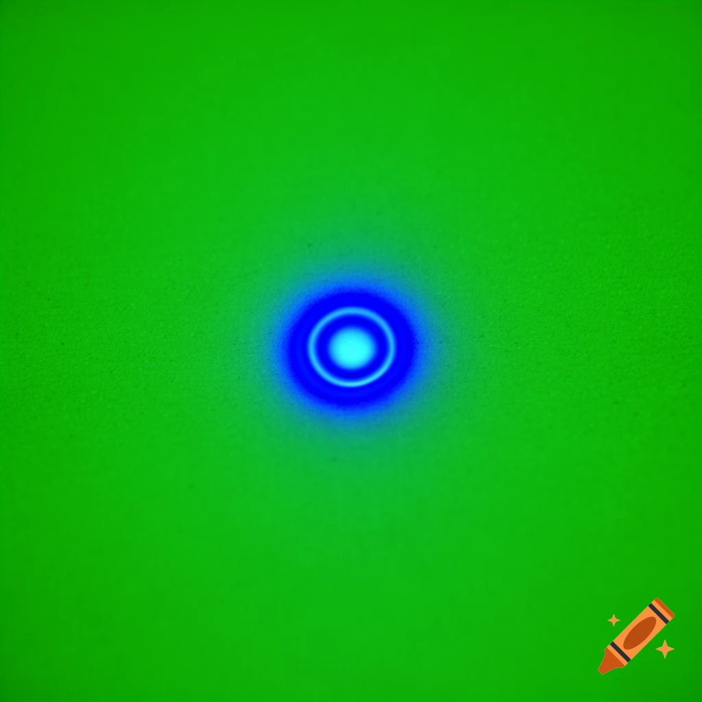 A bright blue glowing circular light in the center of a solid green background.