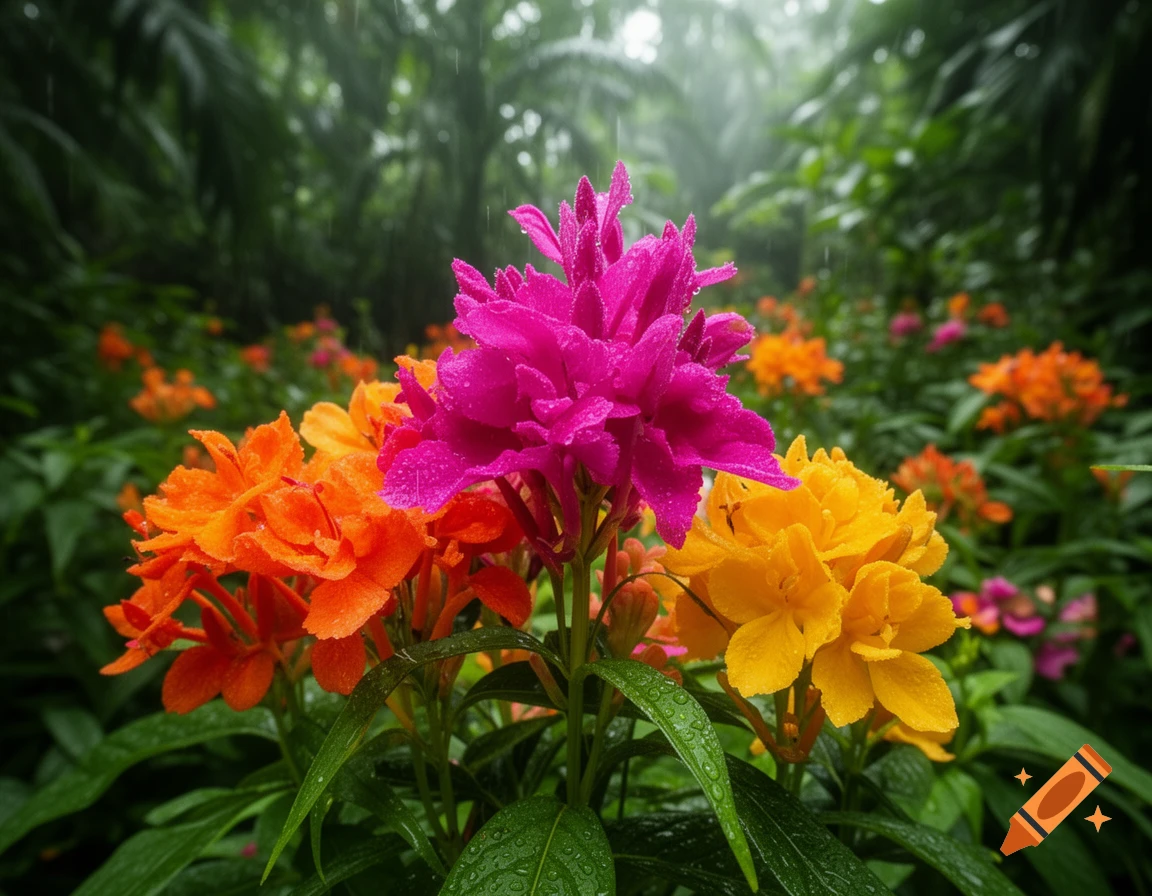 Close-up of vibrant pink, orange, and yellow exotic flowers with raindrops in a lush green jungle.