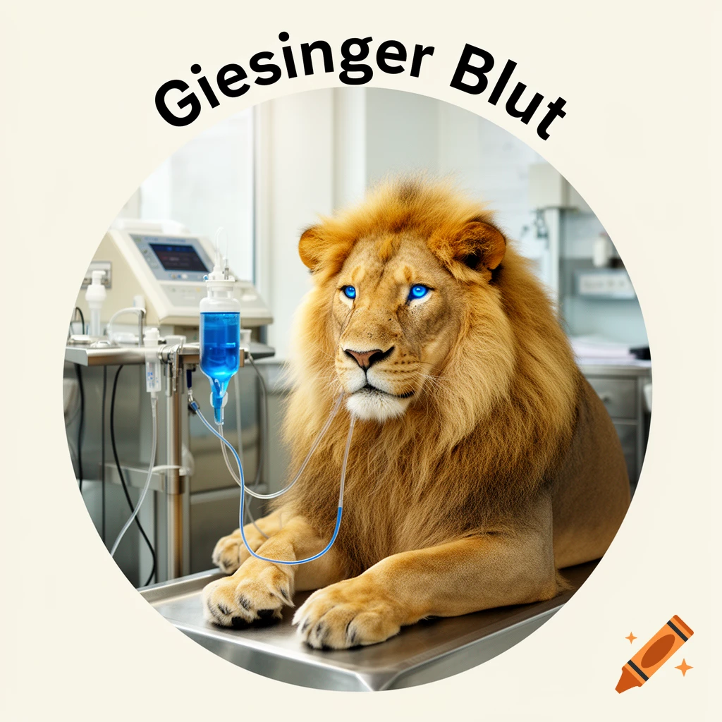 A lion with glowing blue eyes lies on a veterinary examination table with an IV drip of blue liquid, with the words "Giesinger Blut" above.