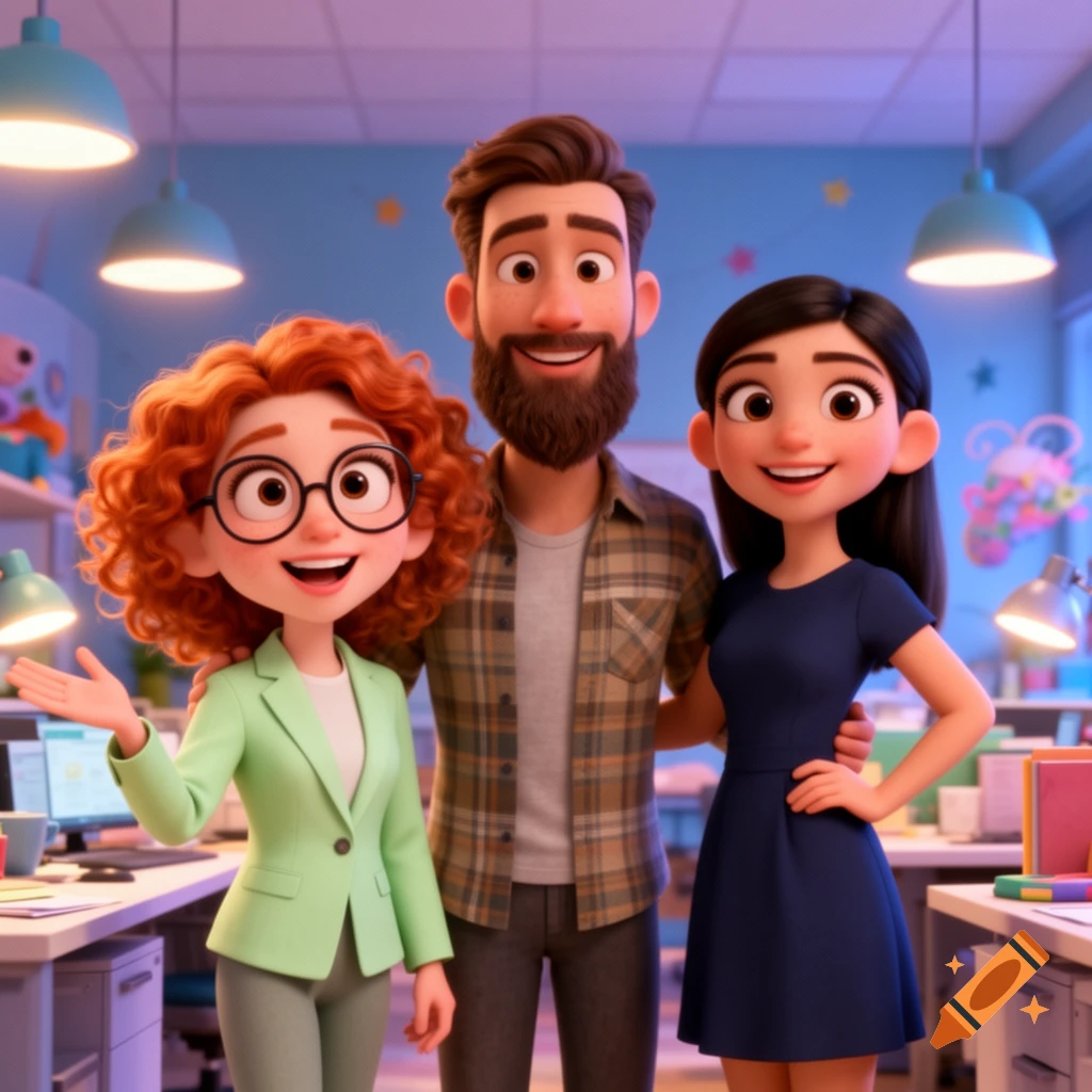 Three smiling Pixar-style animated characters, a man and two women, posing happily in a brightly lit office.