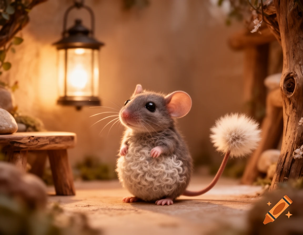 A cute, fluffy gray mouse with a curly belly and a white pompom on its tail tip sits in a cozy, warm-lit burrow with a lantern.