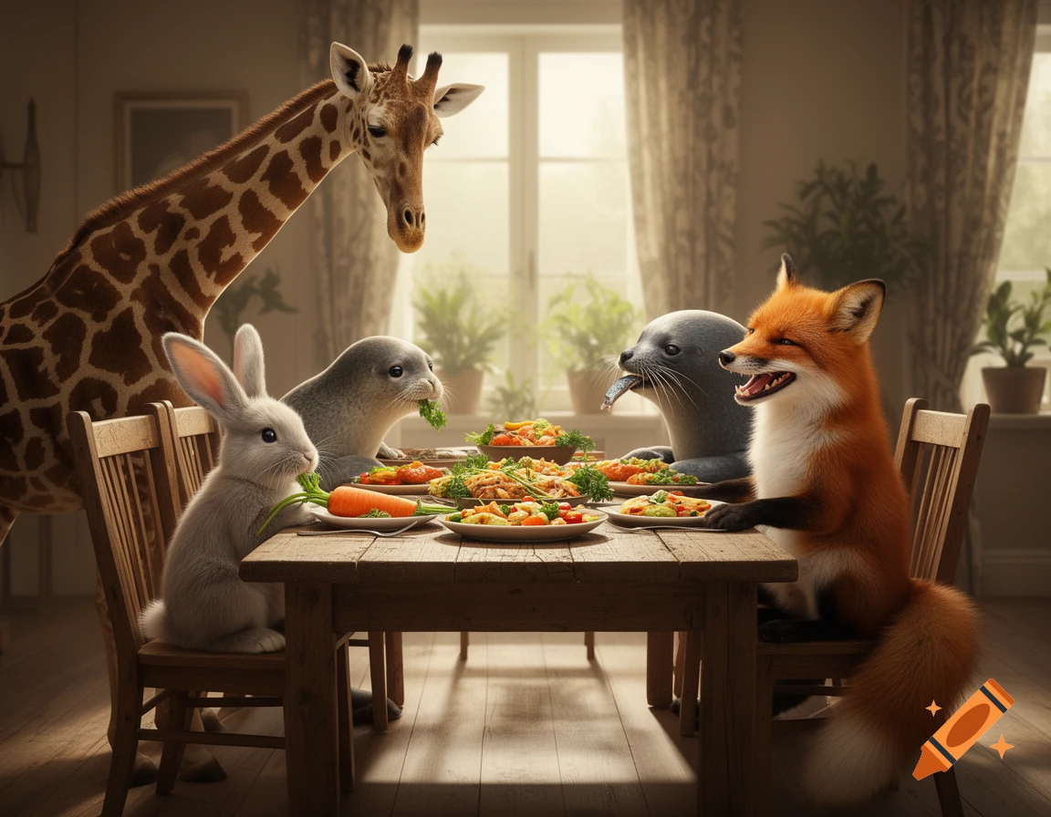 A photorealistic giraffe, bunny, two seals, and a fox eating a meal at a wooden dining table indoors.