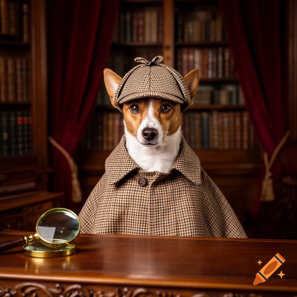 A photorealistic Danish-Swedish farmdog in a Sherlock Holmes deerstalker hat and cape sits at a wooden desk with a magnifying glass in a library.