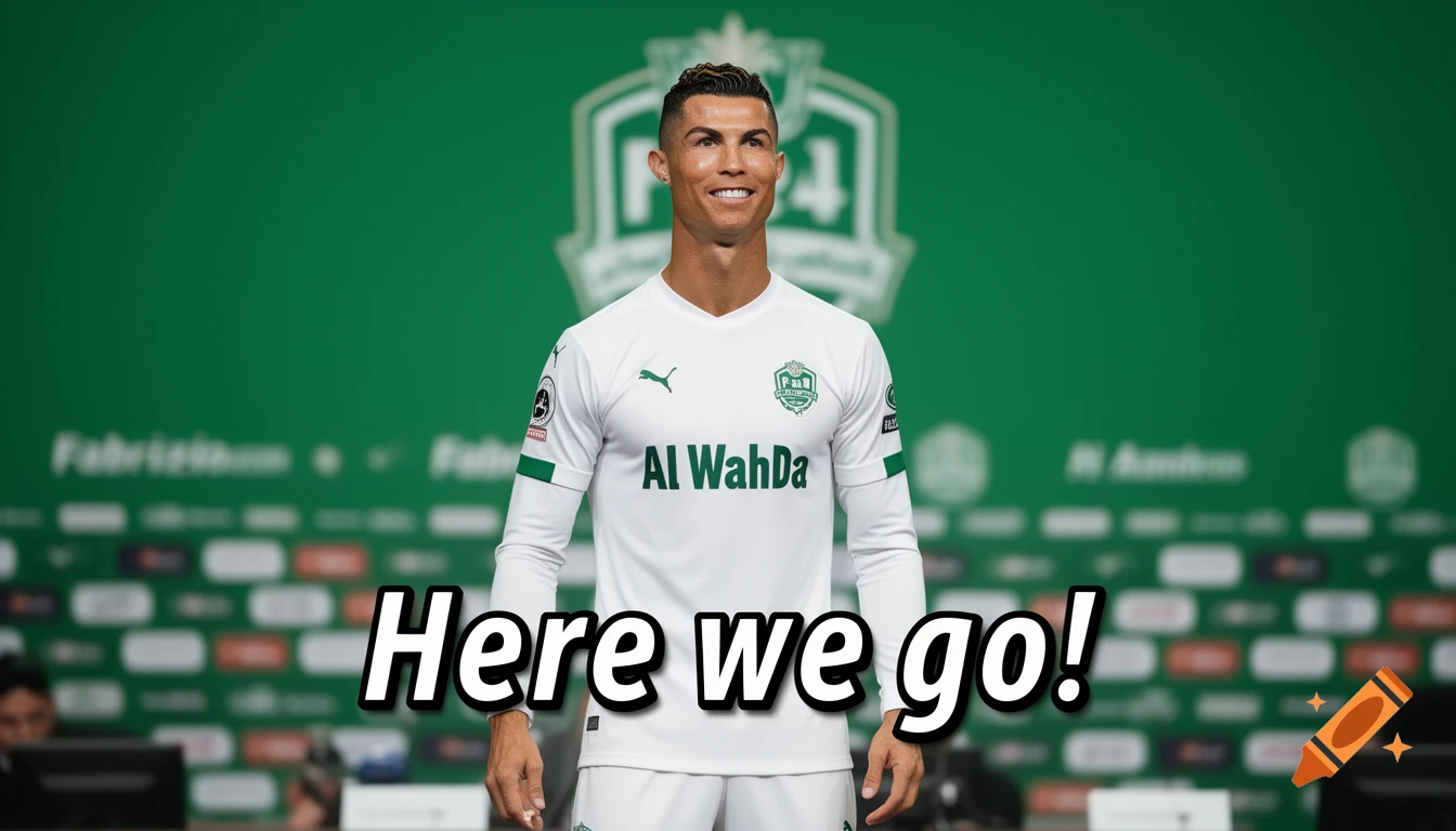 Cristiano Ronaldo smiles in a white Al Wahda soccer jersey with 'Here we go!' text overlay, against a green background.