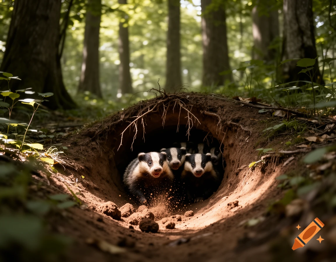 Three photorealistic badgers emerge from a dirt burrow in a sunlit forest, kicking up dirt as they come out.