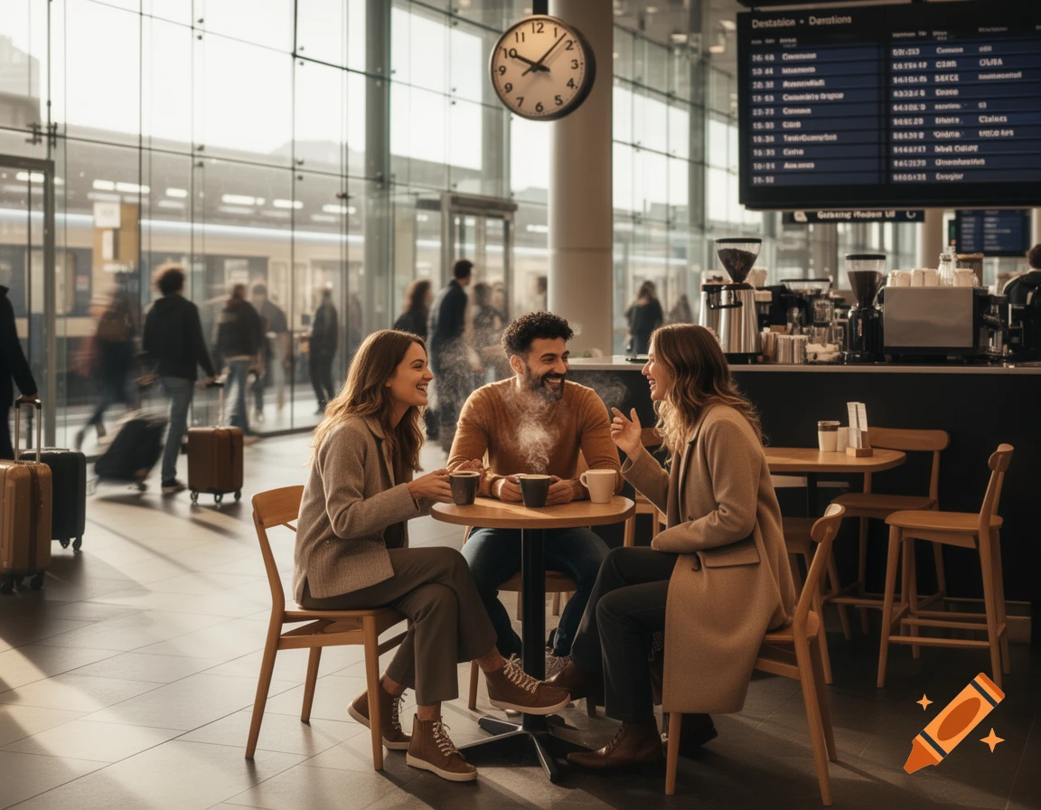 Three friends chat and laugh over coffee in a bright airport cafe, with blurred travelers and a departure board in the background.