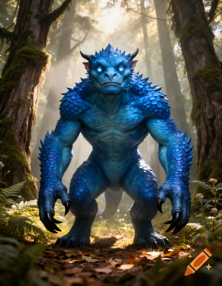 A photorealistic blue monster with glowing eyes stands in a sunlit forest.