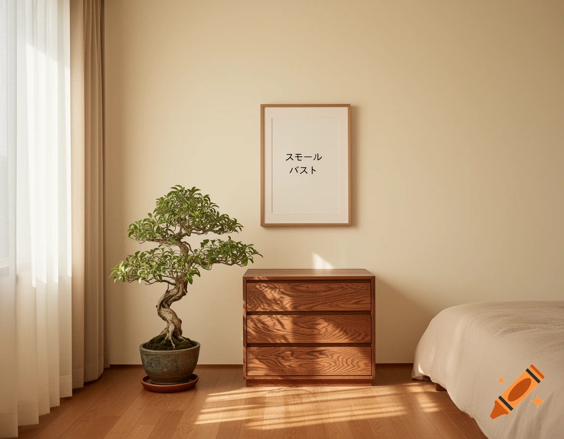 A minimalist room with a bonsai tree, a wooden dresser, a framed picture with Japanese text, and a bed next to a window.
