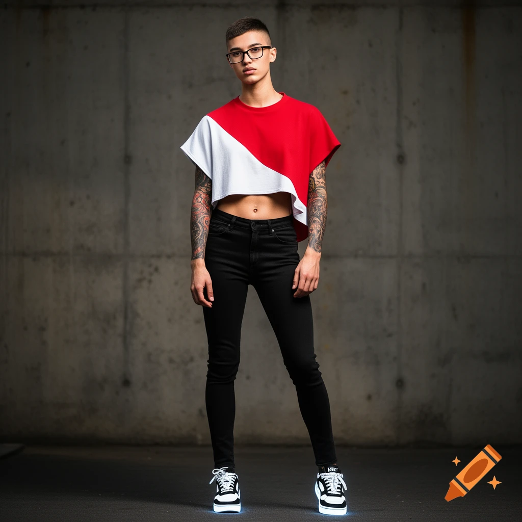 A person with short hair, glasses, and arm tattoos wearing a red and white crop top, black jeans, and glowing skate shoes against a concrete wall.