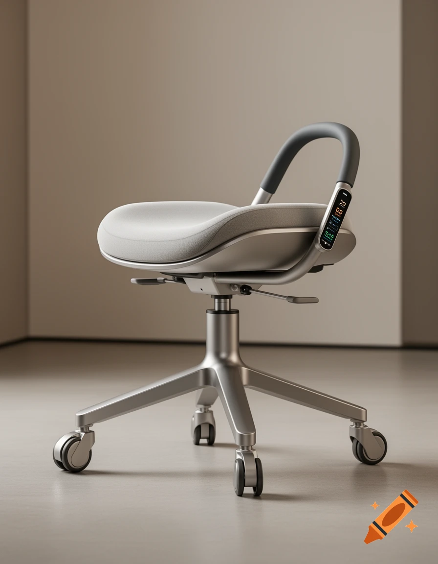 A modern, grey ergonomic office chair with a digital display on its side, set in a minimalist room.
