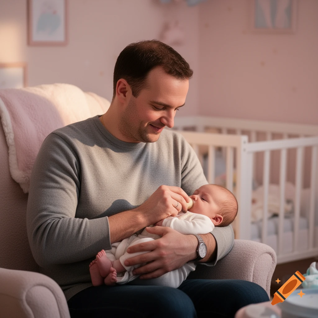 A smiling man in a gray sweater bottle-feeds a baby in a white sleeper while sitting in a nursery.