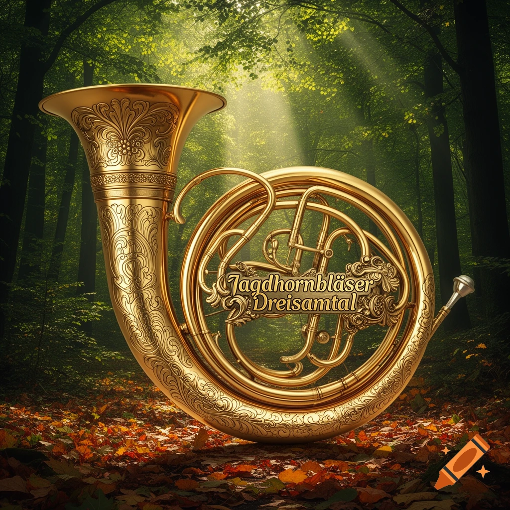 A golden French horn with ornate engravings and text stands among autumn leaves on a forest floor with sunbeams shining through trees.
