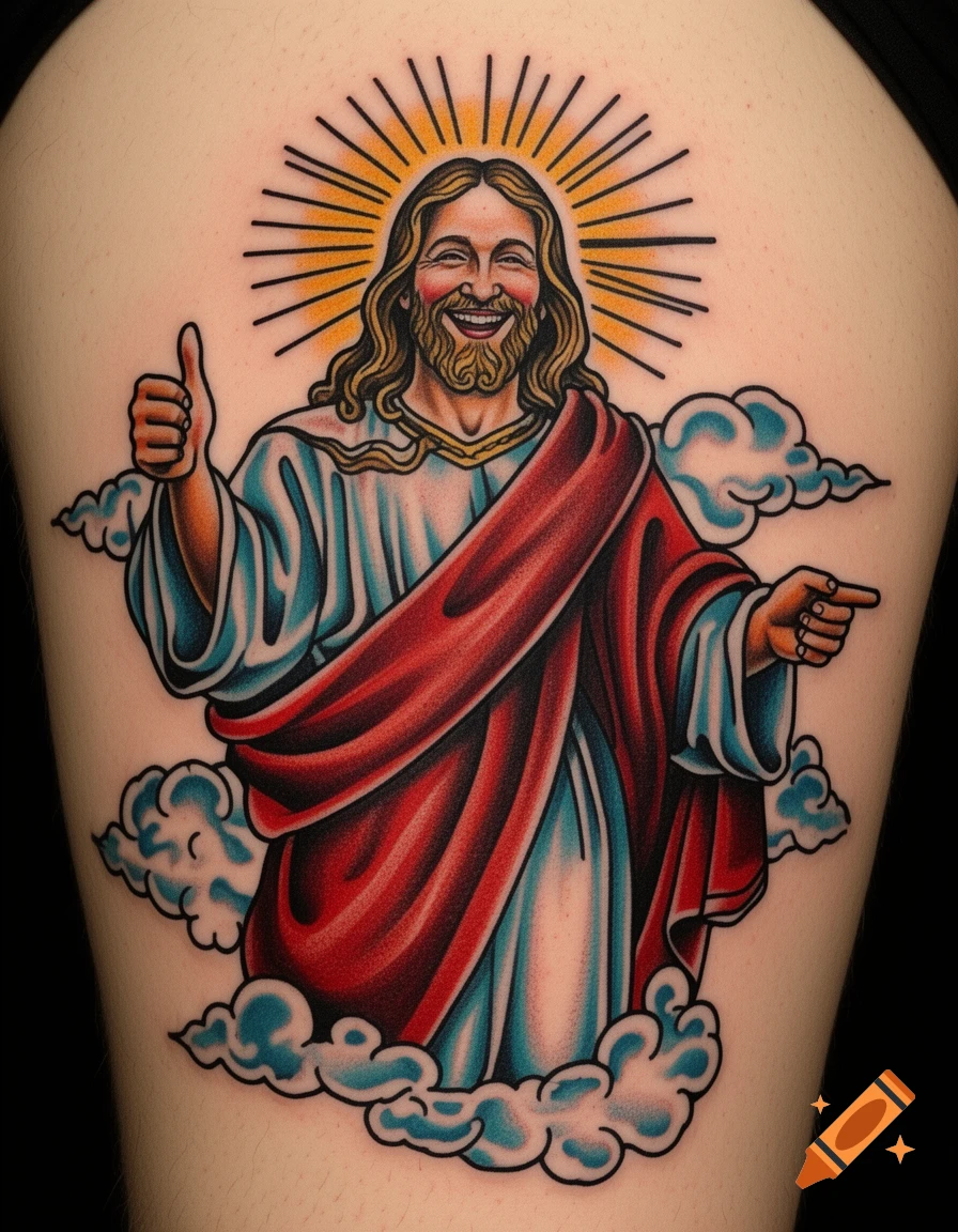 American traditional tattoo of a smiling Jesus (Buddy Christ) giving a thumbs up and pointing, surrounded by clouds and a halo.